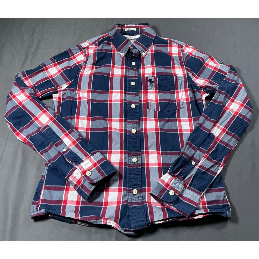 Abercrombie & Fitch Mens Muscle Fit Plaid Button Down Shirt Red Navy Blue M